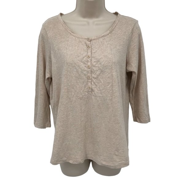L L Bean Womens Linen Blend Oatmeal Button front 3/4 Sleeve Knit Top Size XS - Picture 1 of 8